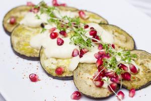 Grilled Aubergine topped with Cream & Pomegranate Seeds Recipe | Rustle Up