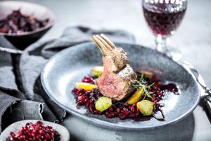 Lamb Loin with Red Cabbage Sauerkraut, Orange, Brussels & Pomegranate Recipe | Rustle Up