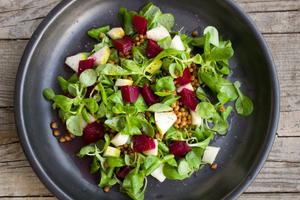 Beetroot, Pear & Brown Lentil Salad with Baby Spinach Recipe | Rustle Up